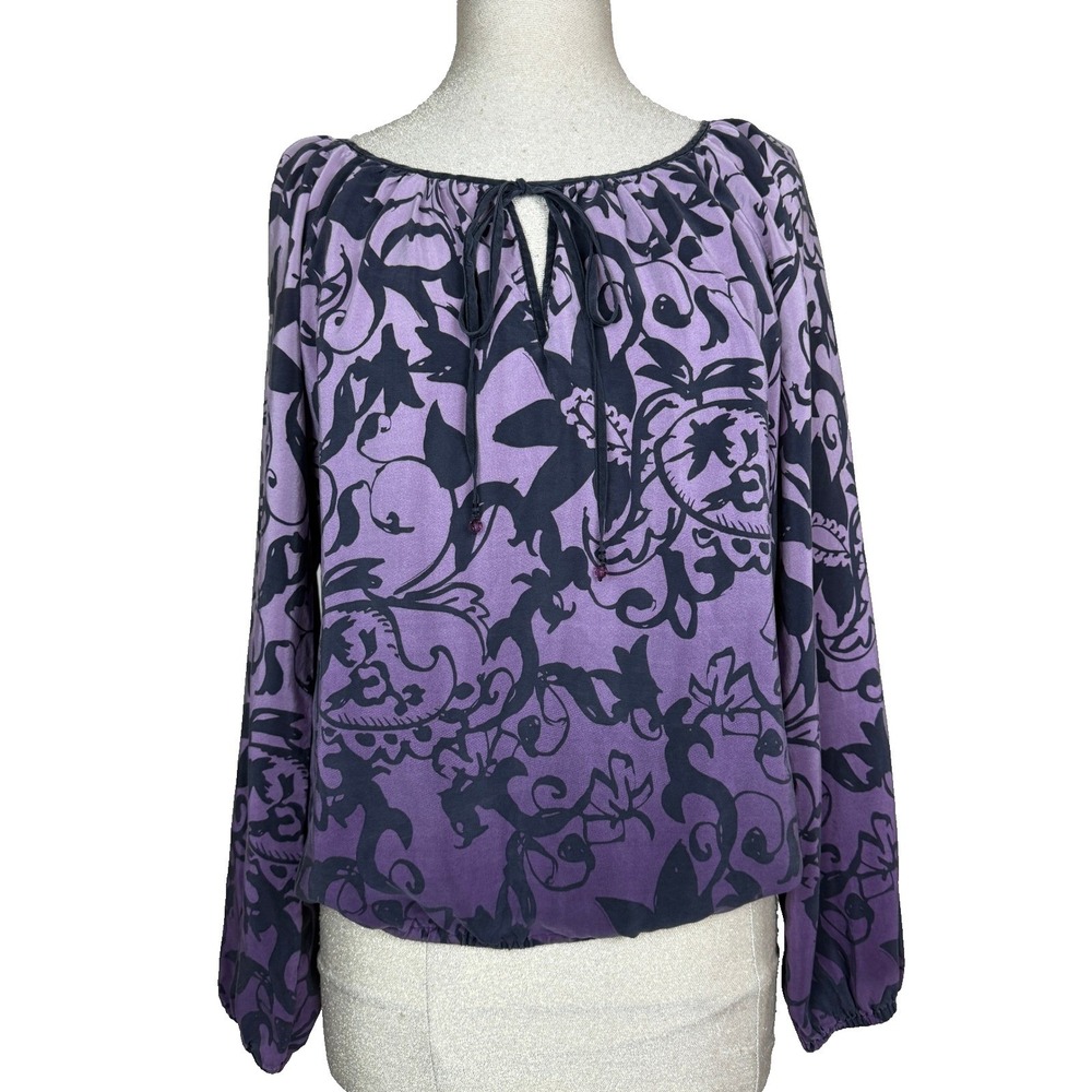 Karen Kane Silk Blouse Women L Purple Black Abstract Floral Keyhole Tie Top Boho